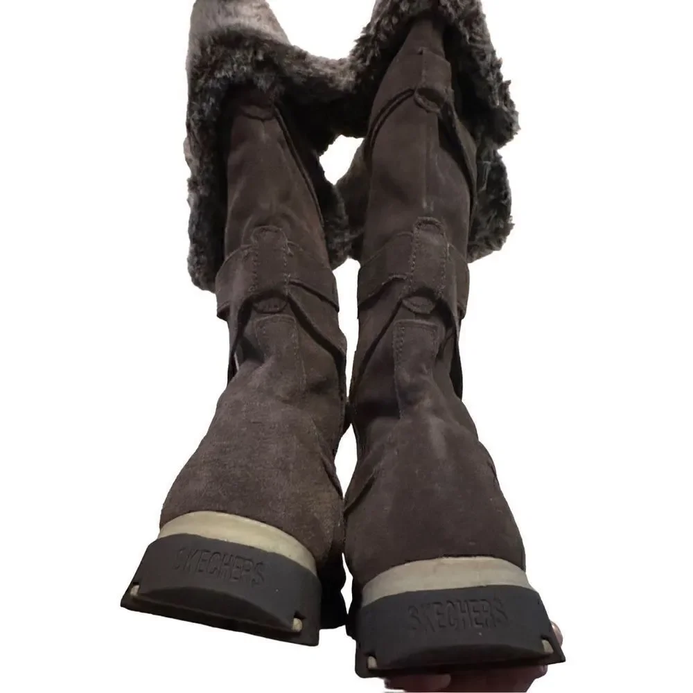 Skechers Womens Brown Suede Leather Faux Fur Accents Zip Up Pull On Boots Size 9